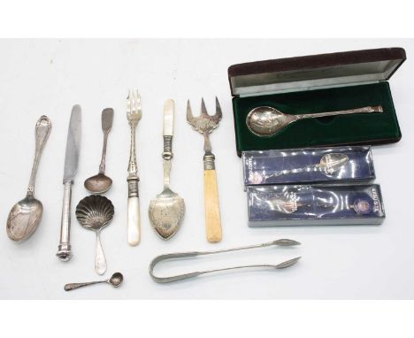 A Victorian silver spoon, together with various other loose silver and plated flatware to include souvenir examples