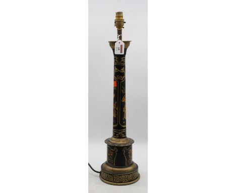 A reproduction black lacquered and chinoiserie decorated table lamp base, h.61cm (including fittings)