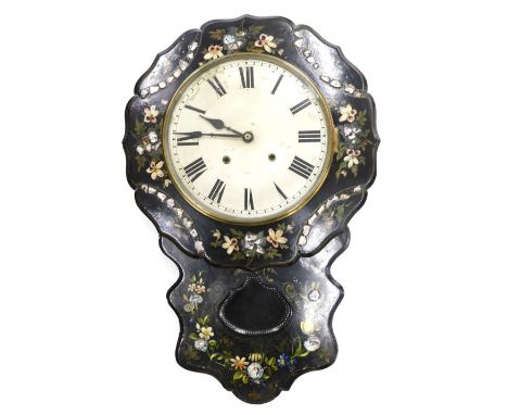 A late 19thC American drop dial wall clock, the painted dial with Roman numerals, the papier mache case inlaid with mother of