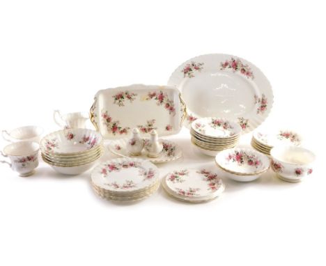 A Royal Crown Derby Lavender Rose part tea service, to include servicing plate 31cm, wide, cups saucers part cruet etc. (a qu