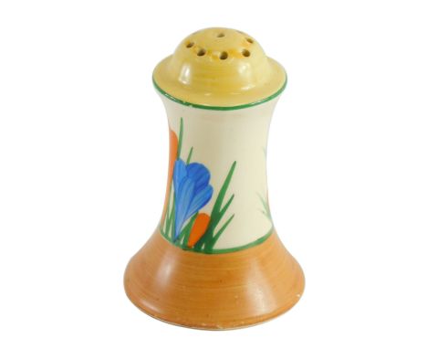 A Clarice Cliff Bizarre Crocus pattern pepper pot, of inverted form, Wilkinson mark beneath, 9cm high.  