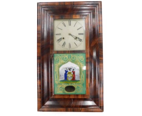 A late 19thC American wall clock by The Brewster Clock Company, in a figured walnut ogee case, with white painted dial enclos