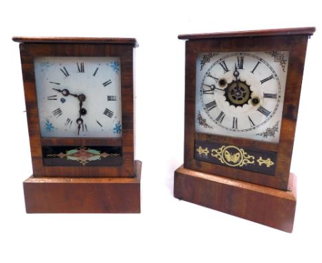 A late 19thC American mantel clock, in a mahogany case, with painted dial and alarm, the door with gilt and black verre eglom