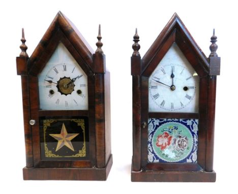 A late 19thC American mantel clock by Jerome and Co, in a mahogany case, the arched door with vree eglmeise flowers, 37cm, an