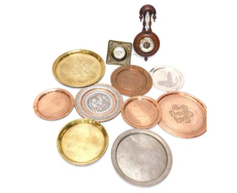 Various metalware, copper, brass barometer, 18cm high, a further walnut cased barometer, etc. (a quantity)