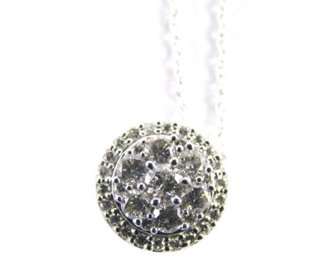 A 9ct white gold diamond cluster necklace,  with small circular pendant set with an arrangement of round brilliant cut tiny d