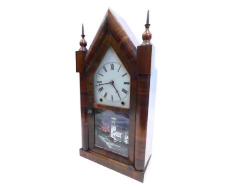 An American architectural mantel clock, in a walnut case, with painted label for Jerome &amp; Co New Haven Connecticut, later