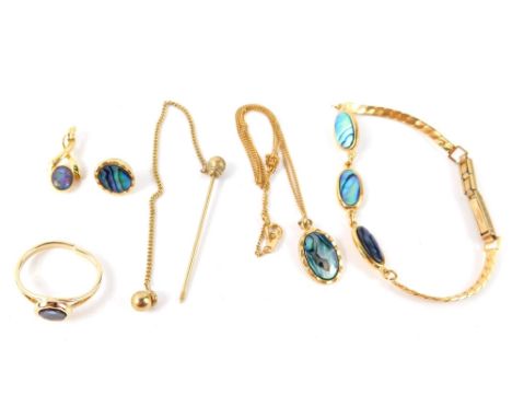 A group of  imitation opal set jewellery, comprising a gold finish opal pendant stamp sil, a pendant and chain on plated moun