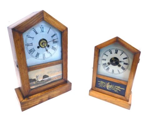 A late 19thC American Gem Cottage mantel clock, in an oak case with painted dial above an verre eglomise panel of a coastal s