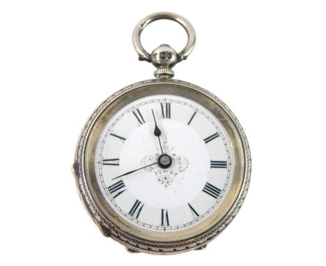 A 19thC silver fob watch, with white enamel Roman numeric floral dial, an embossed case, 43g all in.