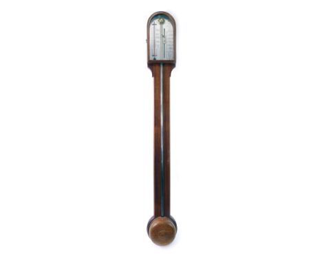 A mahogany stick barometer, with silvered register, turned reservoir, etc., in George III style, 94cm high.