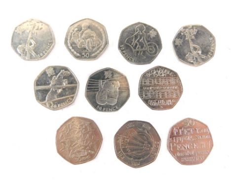 Various commemorative fifty pence coins, Olympics 2012, to include Shooting (2), Boxing, various others, NHS 50th Anniversary