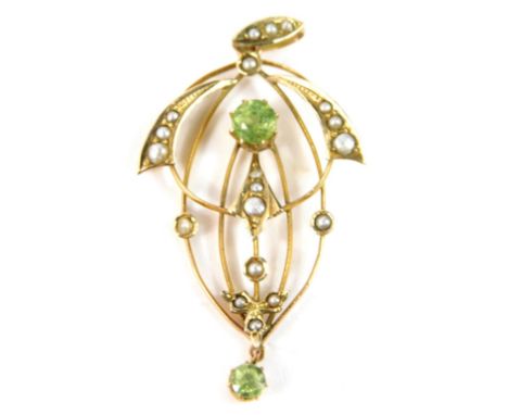 An Edwardian pendant,  set with seed pearl and peridot, yellow metal marked 9ct 4cm high, 2.2g all in.