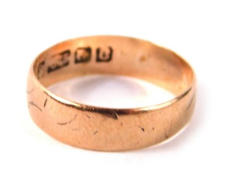 A 9ct rose gold wedding band, of plain design, ring size I, 1.3g (AF).