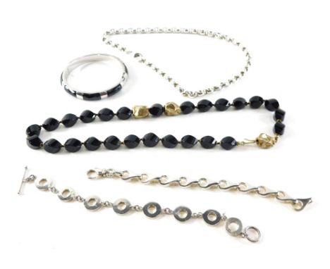 A BAM black faceted beaded necklace, with three gold type nugget design links, a silver loop bracelet, identity bracelet, a b