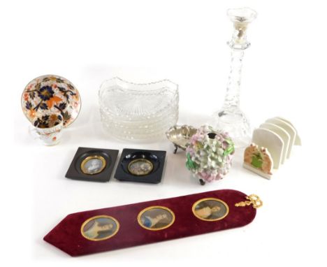 Various china and effects, 20thC portrait miniatures on card, cut glass candlestick, 29cm high, various crescent shaped servi