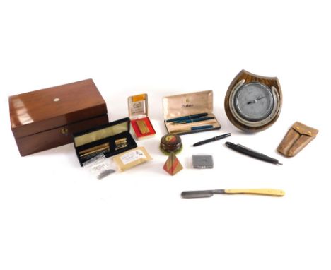 Various treen and collectables, a horseshoe oak backed barometer, 16cm high, HMV needle cleaner, cased pocket lighter, variou