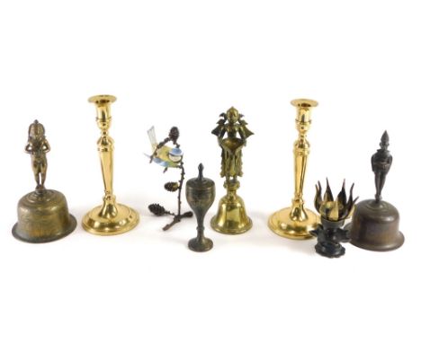 Various brassware, a pair of candlesticks, Royal Worcester bluetit ornament, 23cm high, various eastern metalware, handbell e