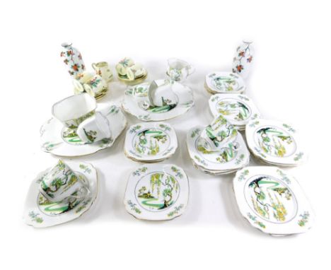 A Standard China Pagoda pattern part tea service, to include serving plate, 24cm wide, etc., a pair of Shelley floral vases, 