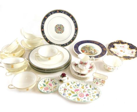 Various china, plates, Minton Haddon Hall oval dish, bowl, 11cm wide, Royal Albert Lavender Rose part tea service, etc. (a qu