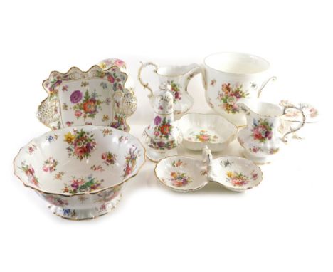 Various Hammersley fine bone china, florally decorated items, lidded jar 17cm high, sugar sifter, shaped dishes, two sectiona