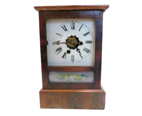 A late 19thC American mantel clock, in a rosewood case, the painted dial enclosed by a part verre eglomise door, decorated wi