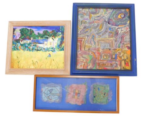 A set of three late 20thC tapestry or embroidered pictures, mixed media, a similar Batique and embroidered picture, and a Con