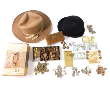 Various low denomination coins, GB pennies etc, a further box containing medallion, Scott &amp; Co bowler hat, a Lees London 