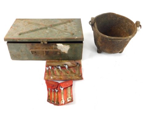 A small iron cauldron, with swing handle, and a tin boxed, possibly first aid box, a model of a ship.