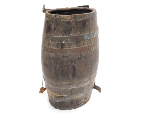 An early 20thC oak coopered stick barrel, of cylindrical form, Coopered oak stick barrel with metal banding, 62cm high. 