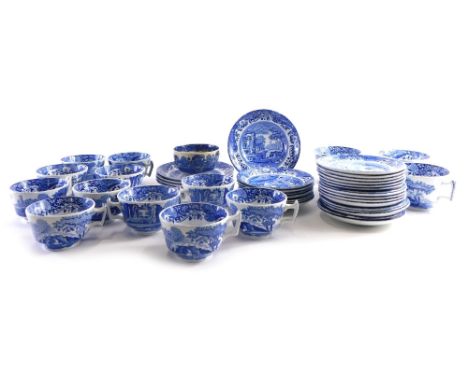 Various Copeland Spode Italian patterned blue and white transfer printed teaware, to include two side cups, plates saucers 14