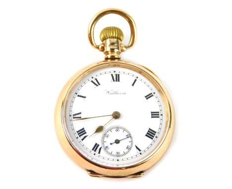 A 9ct gold cased fob watch,  with a white enamel Roman numeric dial, with gold hands and seconds border, with bezel wind, 3cm
