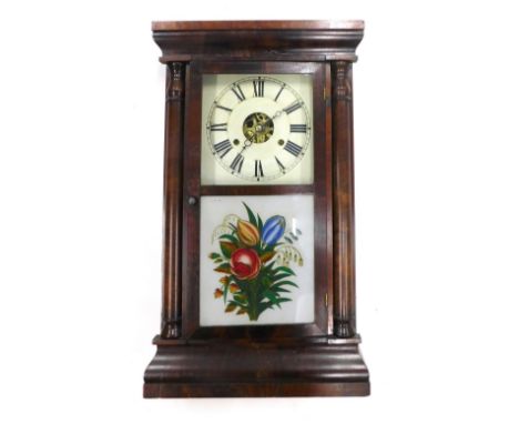 A late 19thC American wall clock by Seth Thomas, in a figured walnut case with white painted dial, enclosed by a verre eglomi