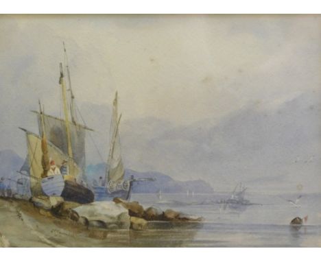 C. Cavendish (19thC). Seascape, figures in moored boats, watercolour, signed and dated 1856, handwritten attribution date and