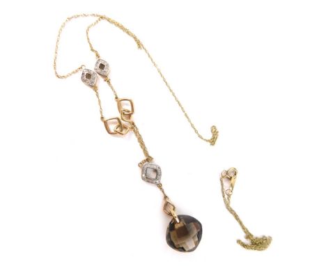 A gold, diamond and smoky quartz necklace, the pendant drop set with smoky quartz, with diamond shaped pave diamond set links