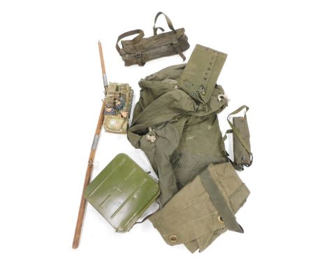 A US army World War Two tent and pole, and a Russian ammo can and belt, a World War Two style toy lorry, 14cm high, etc. 