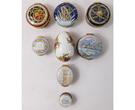 Various enamel patch boxes, other boxes etc., limited edition Crummles England Time enamel box, 6cm diameter, various other 2