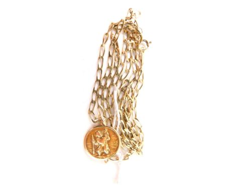  A St Christopher pendant and chain,  the circular pendant with car model to reverse stamped 750 2½cm high,  on a hammered cu