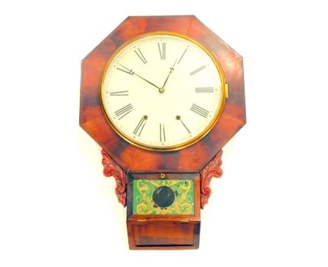 A late 19thC American drop dial wall clock, in figured walnut case, the associated printed dial with Roman numerals, above a 