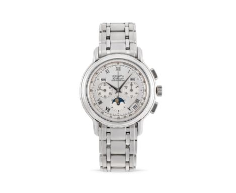 Zenith El Primero Chronomaster, 2000sStainless steel round case, stepped bezel, display back, rectangular pushers.Argenté dia
