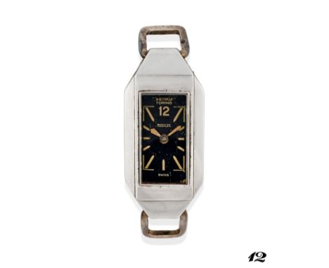 Jaeger-LeCoultre Duoplan retailed by Astrua, 30sStainless steel faceted octagonal case, n.61260.Black dial, painted indexes.H