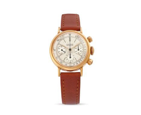 Movado 9018 chronograph retailed by Mappin & Webb, 50s18k gold round case, n.99264, screw back, round millerighe pushers, fac