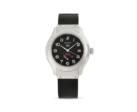 Hublot MDM 1830.1, 90sStainless steel round case, n.404232.Black dial, luminescent arabic numerals, indication of the power r