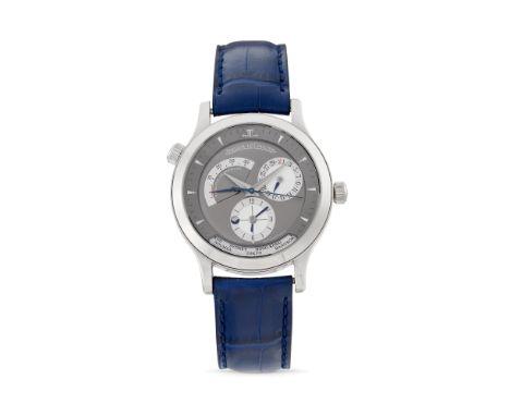 Jaeger-LeCoultre Master Geographic 142.3.92, 2000s18k white gold round case, n.0385.Two-tone gray dial, applied indexes, indi