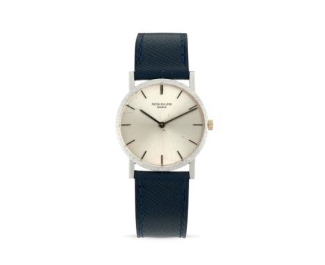 Patek Philippe 3512, 60s18k white gold round case with woven finishing, n.320138.Argenté dial, applied enamelled indexes.Hand