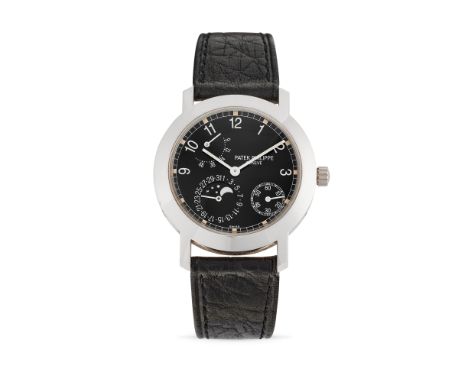 Patek Philippe Calendar 5055G, 90s18k white gold round case, n.4023330, display back.Black dial, painted arabic numerals and 