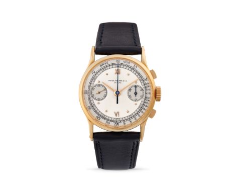 Patek Philippe 130 chronograph, 40s18k gold round case, n.553348, rectangular pushers.Two-tone argenté dial, applied indexes 