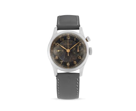 Eterna monopusher chronograph, 40sStainless steel round case, n.3331999, screw back, round monopusher.Two-tone gray dial, lum