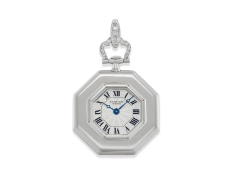 Cartier Art Deco Pendant Watch, 20s18k white gold octagonal case, n.10649, diamond-set on the back and the pendant.White dial