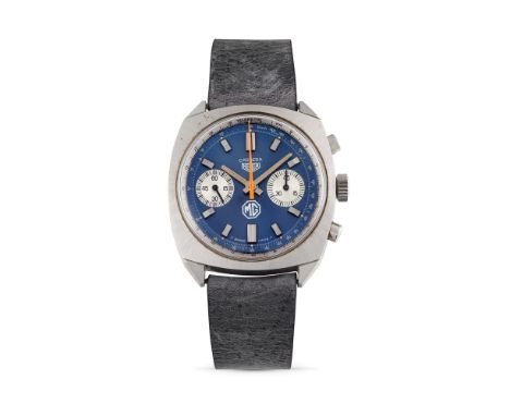 Heuer Carrera personalized for MG, 70sStainless steel cushion case, n.150123, round pushers.Blue dial, argenté counters, appl